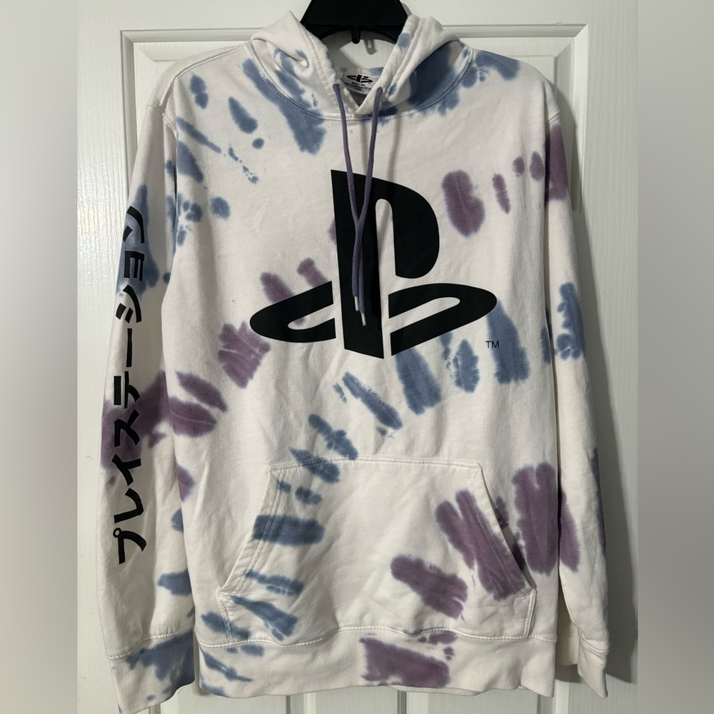 Men’s large tye dye hoodie; PlayStation emblem on front and detail on sleeves